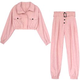 PERHAPS U Women Handsome Moto Turn-down Collar Cotton Linen Zipper Long Sleeve Pink Full Length Harem Pants Set Autumn T0059 210529