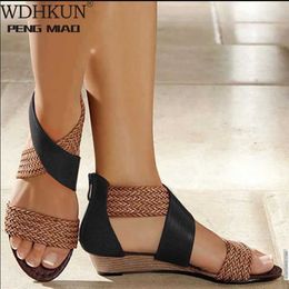 WDHKUN Fashion New Fish Mouth Leather Canvas Women Weave Wedge Heel Shoes Zipper Sandals Casual Beach Sandals Roman Shoes Y0608