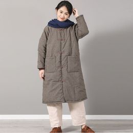 Johnature Winter Vintage Plaid Double Breasted Cotton Linen Thick Coats Turn-down Collar Warm Long Women Parkas Coats 210521