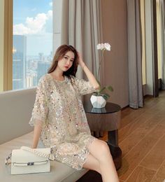 Fashion design women's beading sequined paillette shinny bling half sleeve loose palazzo short casual dresses vestidos