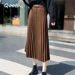 Qooth Woollen Skirt Autumn Winter High Waist Pleated Mid-Length A-Line Thick QT378 210518