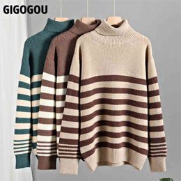 GIGOGOU Casual Loose Striped Women Turtlneck Sweater Winter Thick Warm Cashmere Pullovers Top Soft Female Knitted Jumpers Pull 210922
