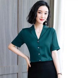 Korean Fashion Silk Women Shirts Woman Satin Short Sleeve Blouses Tops Summer Lady Shirt Top Plus Size Blusas Mujer De Moda 210531