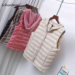 Schinteon Women Ultra Light Down Vest Casual Short Gielt with Knitted Hood Thin Inner Bottoming Garment Spring Autumn 210819