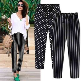 Plus Size 4XL 5XL Casual Harem Pants for Women Vertical Stripe Trousers Female Summer Elastic Waist Print Polka Dot Ankle Pants Q0801