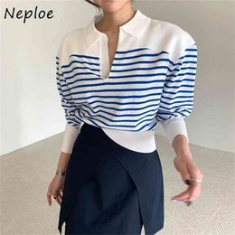 Neploe Panelled Striped Turn-down Collar Knitted Pullover Chic Autumn All-match Sweater Puff Sleeve Simple Top 210914