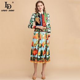 Summer Fashion Runway Vintage Dress Women Long Sleeve Multicolor Fruits Vegetables Print Midi Elegant 210522