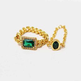 European and American retro fashion vintage emerald gemstone zircon chain stacking joint ring fashion index finger ring 380