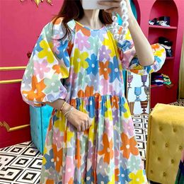 Korean retro sweet print big flowers O neck pleated Dress loose lantern sleeves large swing dress elegant long women 210508