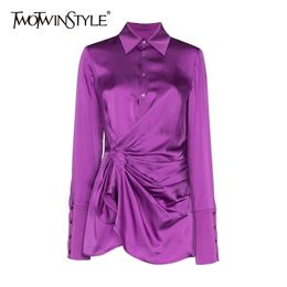 TWOTWINSTYLE Solid Ruched Shirt For Women Lapel Long Sleeve Lace Up Bowknot Minimalist Blouse Female Fashion New Clothing Tide 210317
