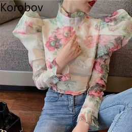 Korobov Elegant Ruffle Blouses Female Turtleneck Puff Long Sleeve Tunic Ruched Women Shirts Spring Summer New Blusas 79578 210430