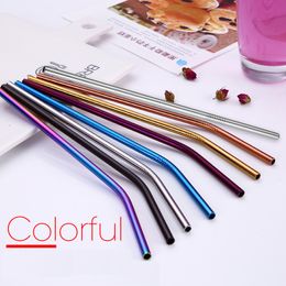 6*215mm/0.24*8.5inch 7 Colors Eco-friendly Reusable Metal Straw Sturdy Straight Bent Stainless Steel Drinking Straws Cocktail Party Juice Bar Accessory JY0576