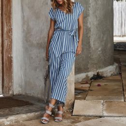 Women's Jumpsuits & Rompers 2021 Women Casual Loose V-neck Short-sleeved Wide-band Striped Jumpsuit Stripes Spring And Summer Female Siamese