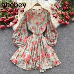 Korean Floral Dress Design O Neck Puff Sleeve A-line Dresses Summer Boho Print Vacation Dress 210715