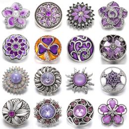 Charm Bracelets 6pcs/lot 18mm Metal Snap Button Jewellery Rhinestone Flower Purple Buttons For Fit DIY Snaps Bracelets&Bangles