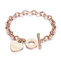 Fashion 316L Stainless Steel Rose Gold Chain Forever Love Heart Charms Bracelet Bangles For Women Pulseras Jewelry femme Gift