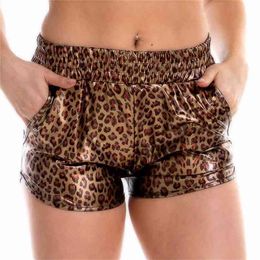 Women Skinny PU Leather Gold Leopard Shorts Summer Shiny Elastic Waist Metallic Booty Club Rave Festival Pants Bottoms 210714