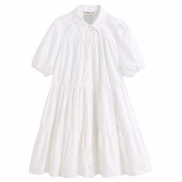 women simply solid Colour casual white shirtdress office lady puff sleeve pleats vestidos chic leisure big swing dresses DS3438 201025