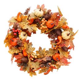 Artificial Wreath Garland Rattan Frame With Pumpkin, Berries, Pine Cone And Maple Leaves Thanksgiving Autumn Holiday Decorations 211104