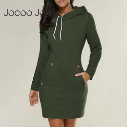 Jocoo Jolee Autumn Winter Casual Long Sleeve Hoodies Elegant Mini Dress Vintage Solid Sweatshirts Zipper Pockets Long Pullover 210619