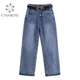 Summer Korean High Waist Jeans Women Streetwear Solid With Belt Straight Pants Fashion Harajuku Loose Casual Denim Trousers 210515