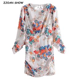 Retro Ruched Package hips Floral Print Mini Backless Dress Women Sexy Lacing up O neck Short Party Dresses Vestido 210429