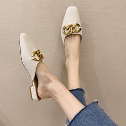 Spring Summer Women Shoes Slippers Fashion Gold Chain Mules Slip On Outdoor Slides Shoes Low Heel SquareToe Dress Shoes Sandals