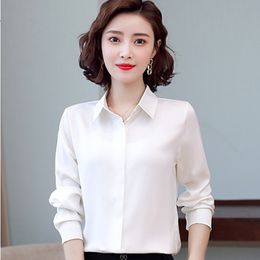 Korean Women Shirts White Silk Shirt for Satin Blouse Woman Long Sleeve s OL Tops Plus Size 210427