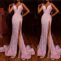 Cheap New Sexy Long Sequins Lace Prom Dresses Mermaid Spaghetti Strap Sweep Train Split Party Gowns Plus Size Formal Evening Wear 328 328
