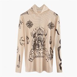 Autumn New Fashion Women Basal Top Goddess Tatoo Print Long Sleeve High Tight Collar Nude Color Mesh Yarn SEXY T-shirt B666 210324