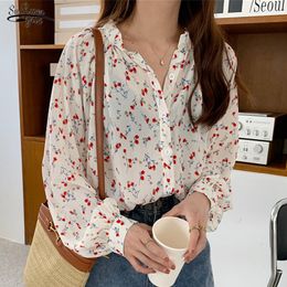 Blusas Autumn Floral Print Puff Sleeve Women Shirts Casual Plus Size Loose Chiffon Blouse Cardigan Ladies' Tops 10316 210521