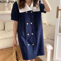 Korejpaa Women Dress Summer French Retro Lapel Contrast Color Pleated Double-Breasted Loose Straight Short-Sleeved Vestidos 210526