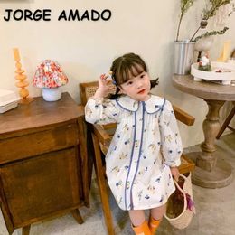 Wholesale Korean Style Spring Girls Dress Peter Pan Collar Puff Sleeves Floral Princess Dresses Children Clothes E697 210610