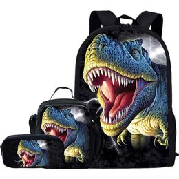 Cool T-rex Dinosaur 3D School Bags Set Bookbags for Teenage Boys Book Bag 3pcs Primary Kids Backpack with Lunch Box Pencil Bags X0529