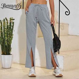 Solid High Waist Casual Slit Pants Women Summer Fashion Pocket Drawstring Sweatpants Sportwear 210510