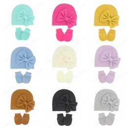 Infant Comfortable Warm Knitting Hat and Glove Set Solid Colour Bows Newborn Cap Baby Anti-eat Hand Anti-Grab Face Protect Mitten