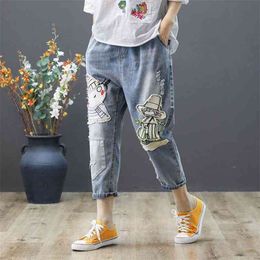 Spring Women Jeans Plus Size Vintage Embroidery Patchwork Calf-length Pants Elastic Waist Loose Casual Denim Harem D114 210512