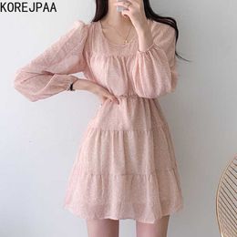 Korejpaa Women Dress Korea Chic Sweet and Elegant O-neck Lace-up Waist Bubble Sleeve Floral Chiffon Dress Short Vestido 210526