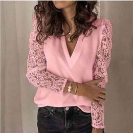 Women Blouse Shirt Spring Summer V-neck Lace Hollow Out Top 5XL Embroidery Long Sleeve Patchwork Shirt Plus Size Feminino 210323