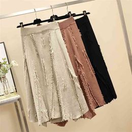 Plus Size Women's Autumn and Winter Fat Sister Skirt Female High-waisted Thin Mid-length Large Swing Woollen HK059 210507