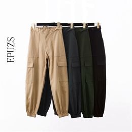 Vintage black khaki cargo pants women pockets loose baggy harem high waist joggers streetwear trousers ladies 210521