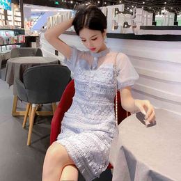 Women's Summer Short Lace Dress Mesh splicing Stand collar Pearl button Hollow Tassel Sweet Light Blue Dresses 210515