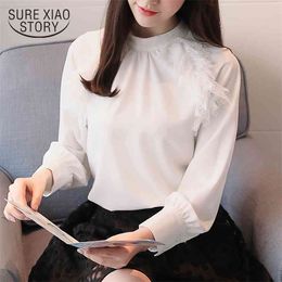 Fashion Lace women blouse shirts long sleeve Chiffon solid women's tops and blouses O neck feminine blusas white 0877 40 210506