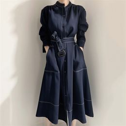 Spring Women Simple Stand-up Collar Long Sleeve Single-breasted Loose Sashes Casual Ladies Navy Blue Dress 210510