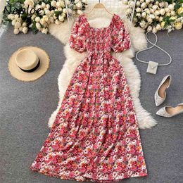 Neploe Vintage Print Holiday Dress Women High Waist Hip A Line Long Vestidos Square Collar Clavicle Exposed Sexy Robe Summer 210423