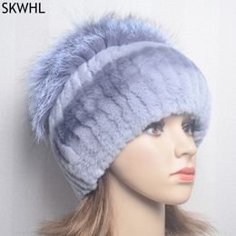 Good Elastic Natural Fluffy Silver Fox Fur Hat New Winter Women Knitted Real Rex Rabbit Hats Lady Cap Wholesale