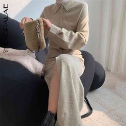 Winter Women's Loose Casual Lapel Solid Color Long Sleeve Single Breasted Mid-calf Knitting Sweater Dress 8D833 210427