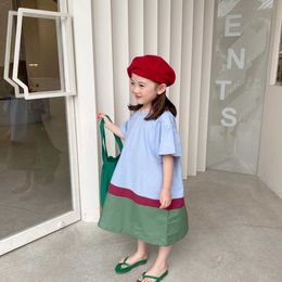 Children Cute Loose Dresses Summer Girls Patchwork Short Sleeve Cotton Princess Dress Kids Long Style 210615
