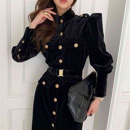 Autumn Winter Women Black Velvet Dress Korean Lady Elegant Long Sleeve Single Breasted Slim Dresses With Belt Female Vestidos 210519