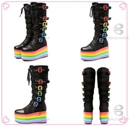 New Arrivals Punk Platform Cool Chunky High Wedges Mid Calf Boots Autumn Buckle Trendy Multicolor Party Cos Shoes